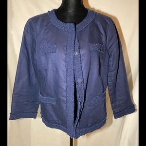 Talbots classic navy blue blazer with fringe trim